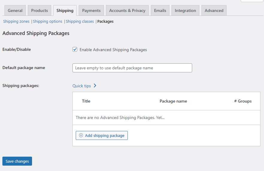 default shipping packages