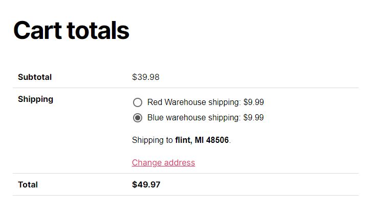 traditional woocommerce cart with multiple shipping methods