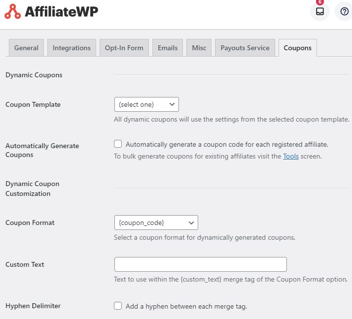 affiliatewp coupon settings