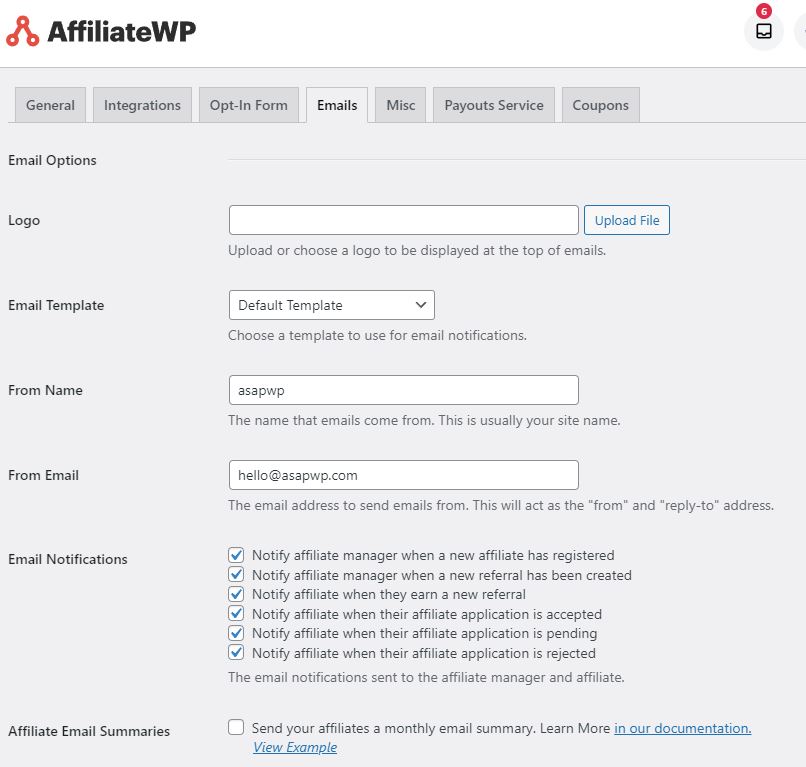 affiliatewp email settings