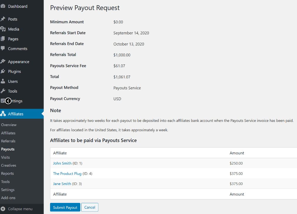 affiliatewp payout affiliates