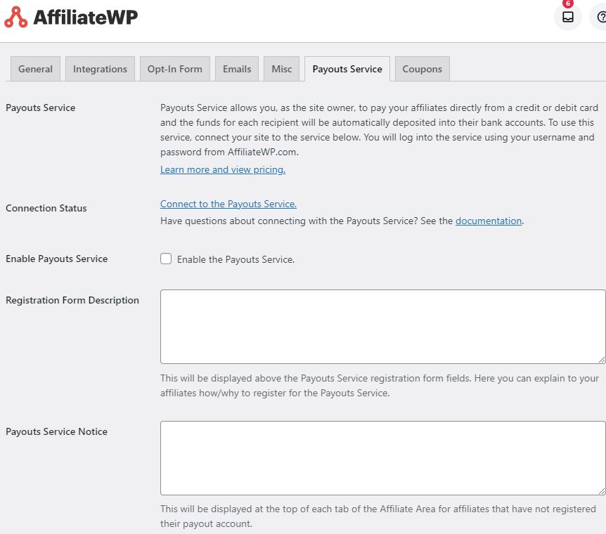 affiliatewp payouts service settings