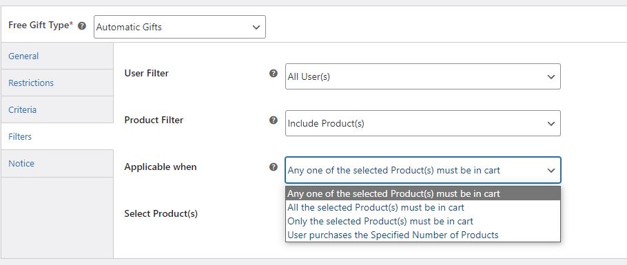 automatic free gift when selected products in cart woocommerce