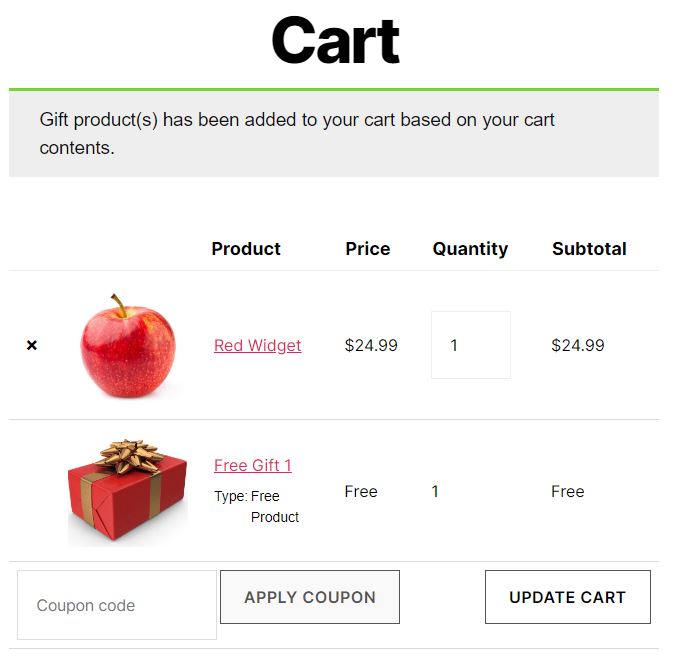 cart contents automatic product added with product selection