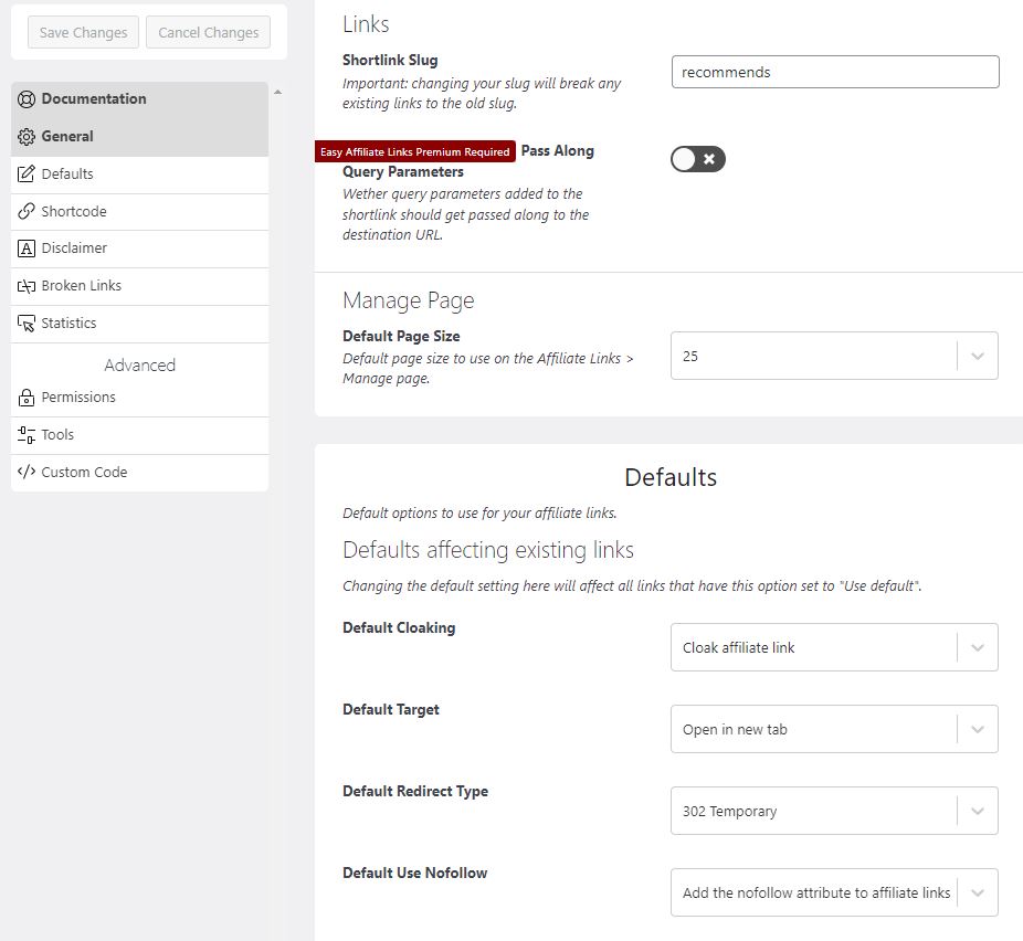 easy affiliate link settings