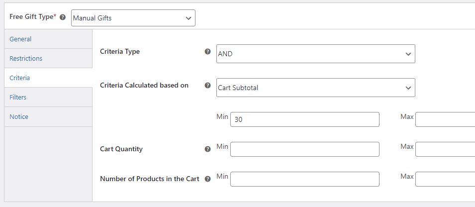 free gifts for woocommerce criteria 30usd