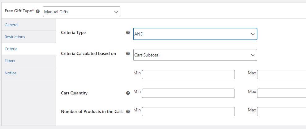 free gifts for woocommerce criteria