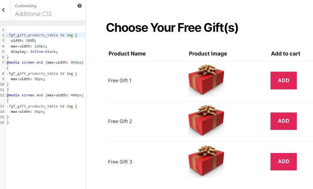 free gifts for woocommerce custom css desktop