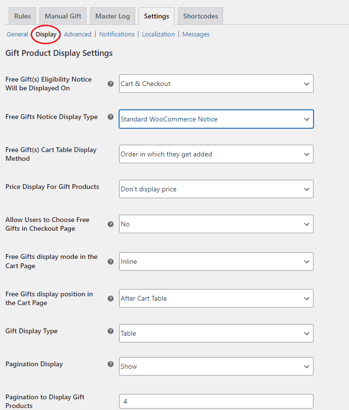 free gifts for woocommerce display settings