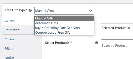 free gifts for woocommerce free gift type