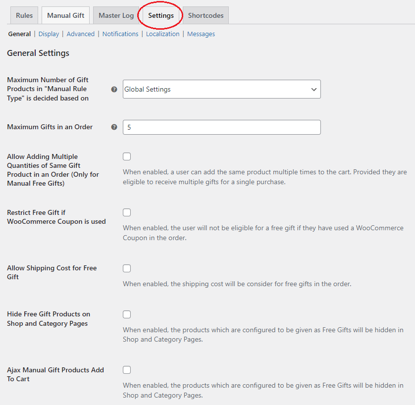 free gifts for woocommerce general settings