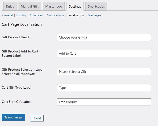 free gifts for woocommerce localization settings