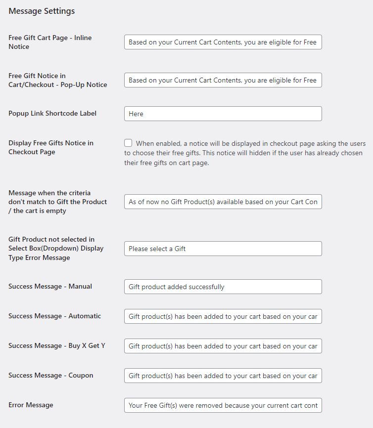 free gifts for woocommerce message settings