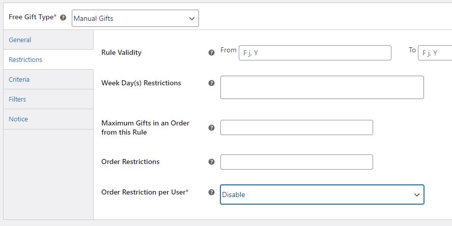 free gifts for woocommerce restrictions