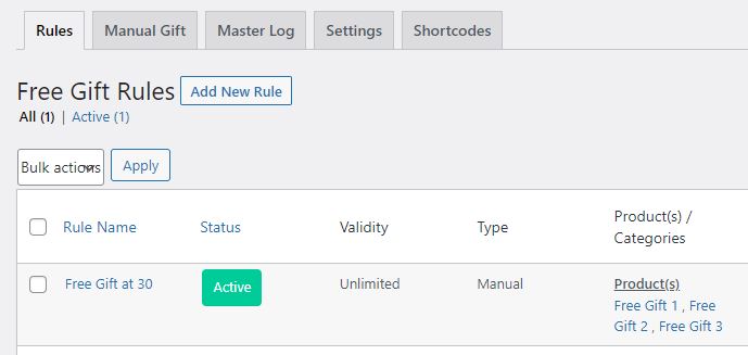 free gifts for woocommerce rule created