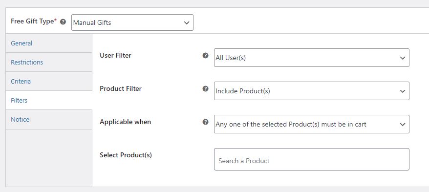 free gifts for woocommerce user filters