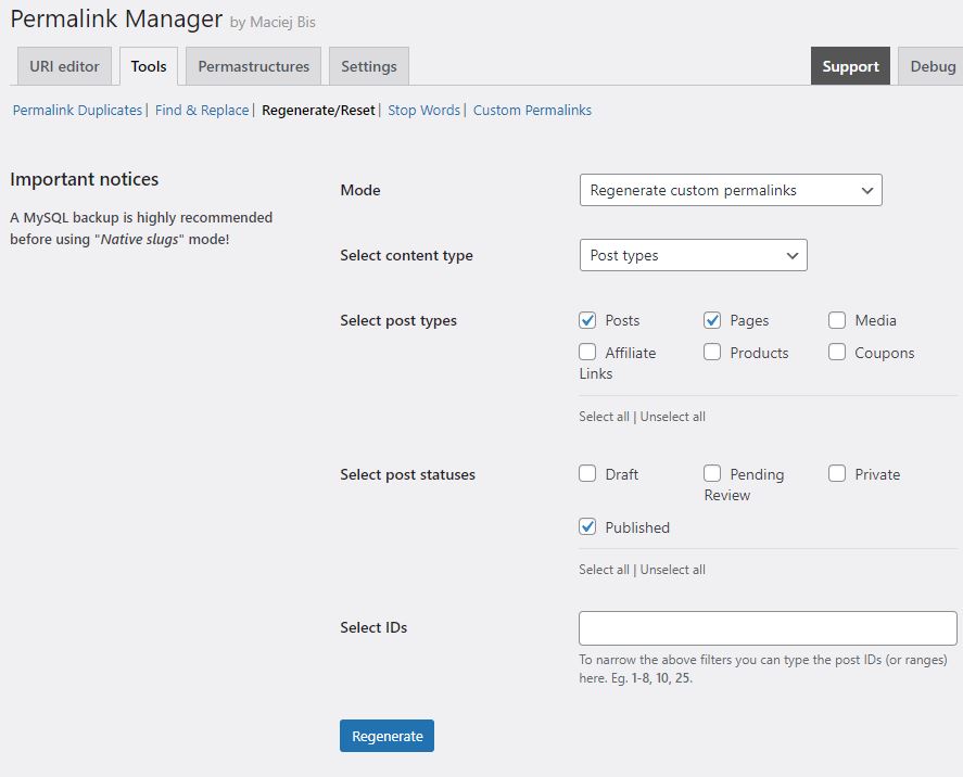 permalinks manager regenerate-reset