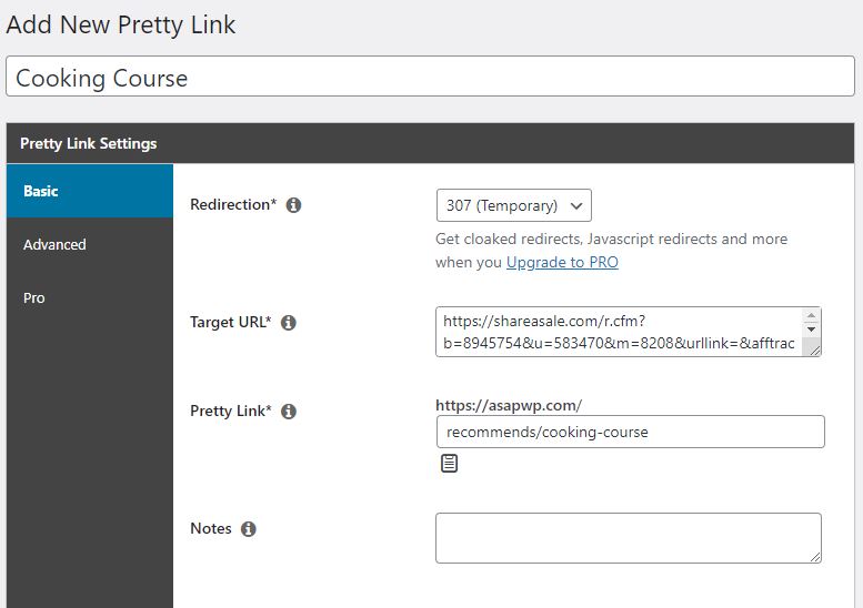 pretty links lite add new link