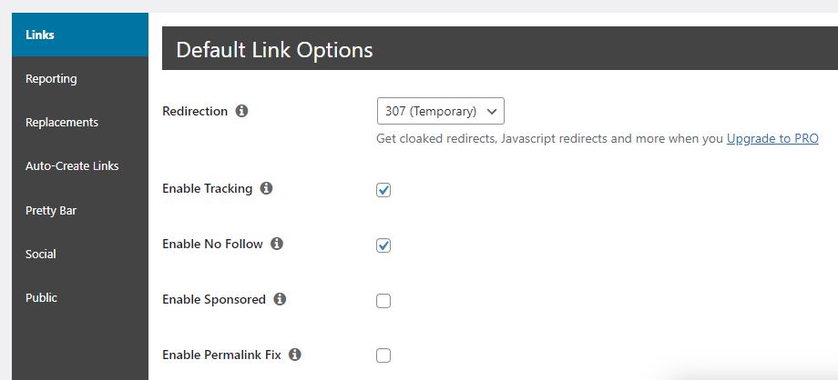 pretty links lite default link options