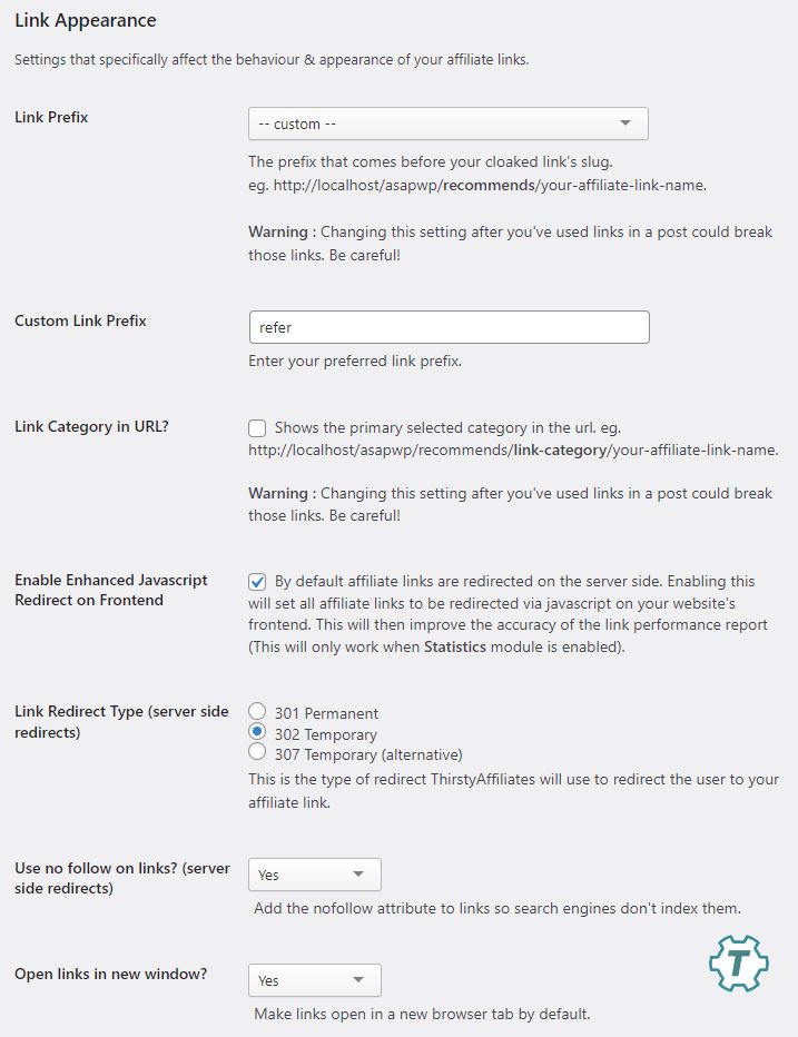 thirstyaffiliates settings
