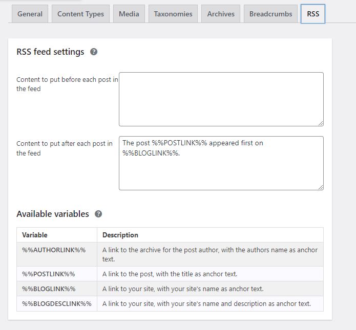 yoast rss feed settings