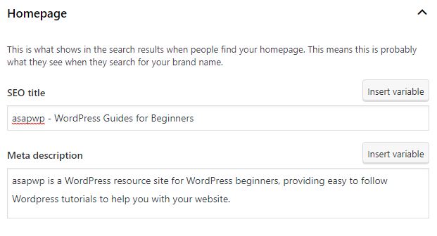 yoast search appearance homepage settings