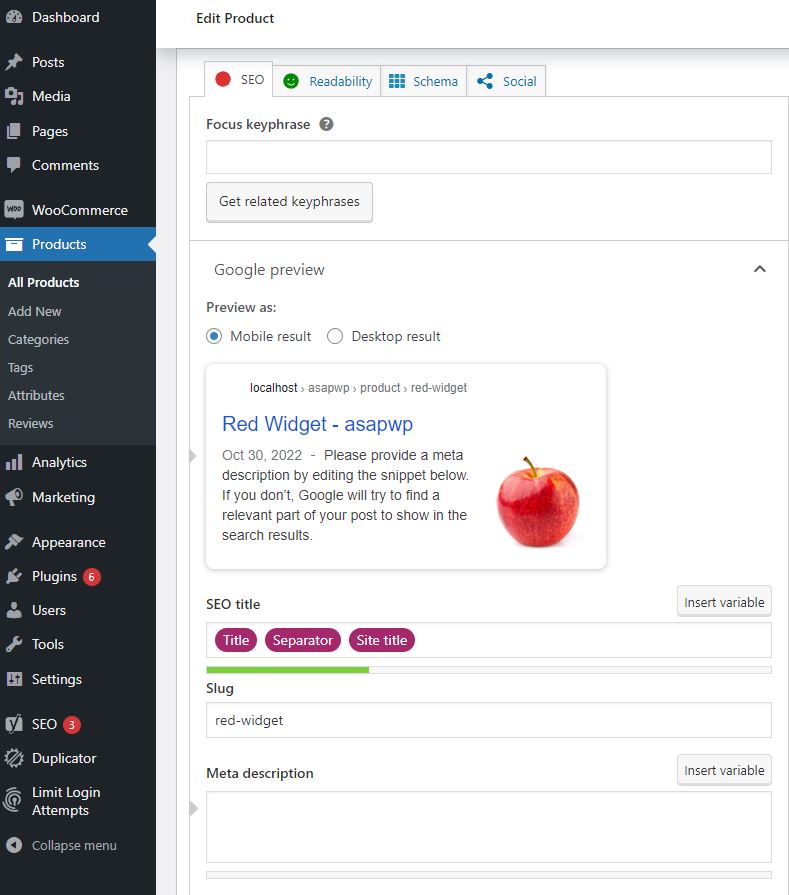 yoast seo setting for products in post editor