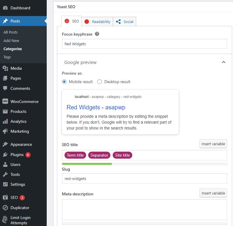 yoast seo settings for categories in post editor