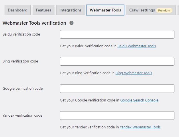 yoast settings webmaster tools