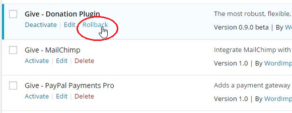 wp rollback plugin rollback to previous version