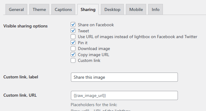 lightbox with photoswipe sharing settings